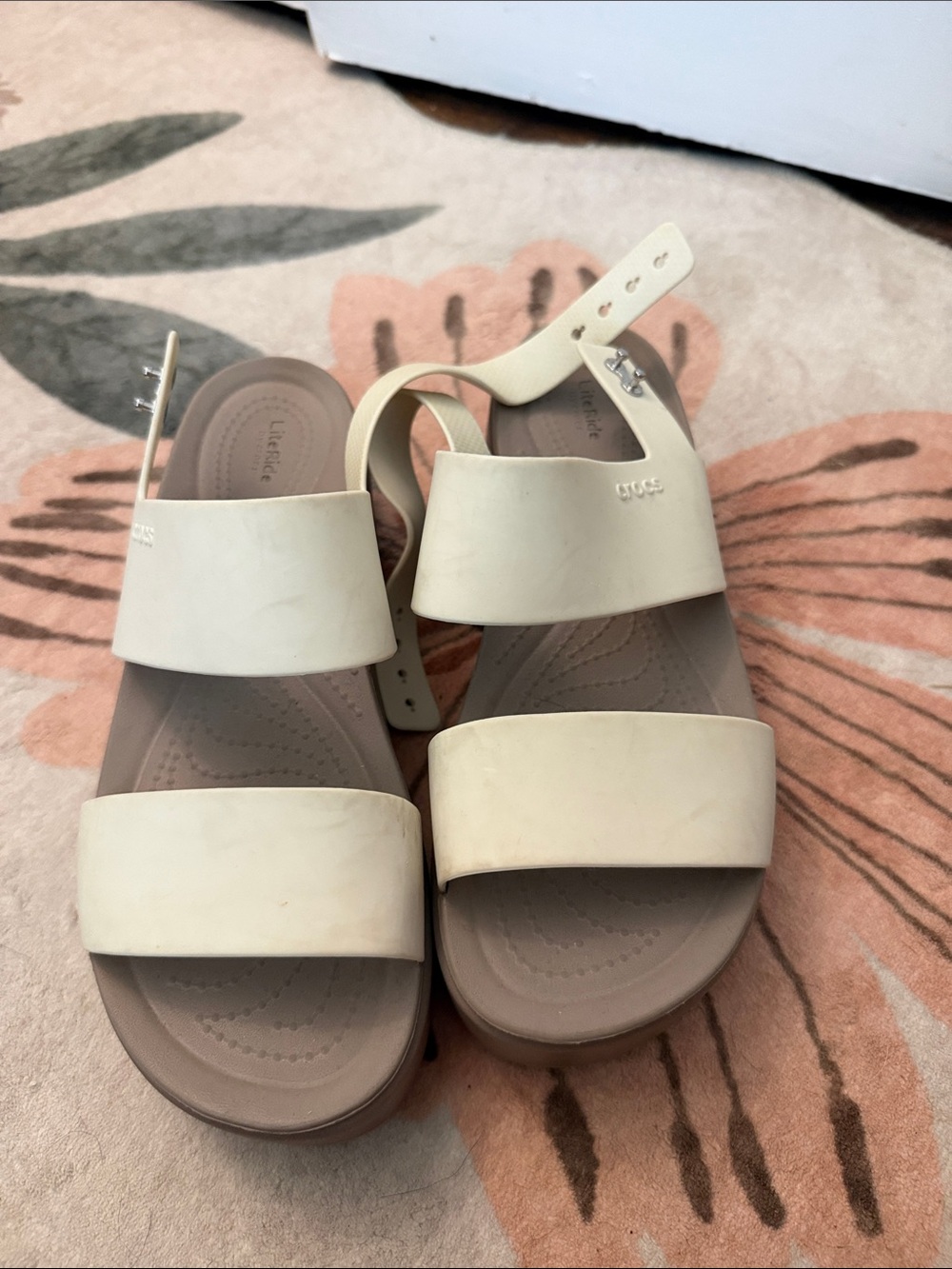 CROCS Cream Two-Strap Platform Sandals